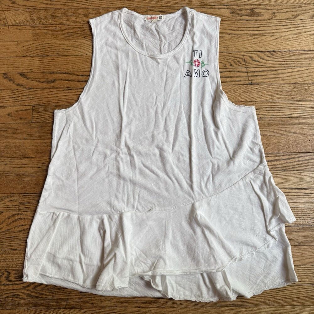 Sundry Tank Top Womens 1 Small White 100% Cotton Ti Amo Graphic Casual Beach Fun